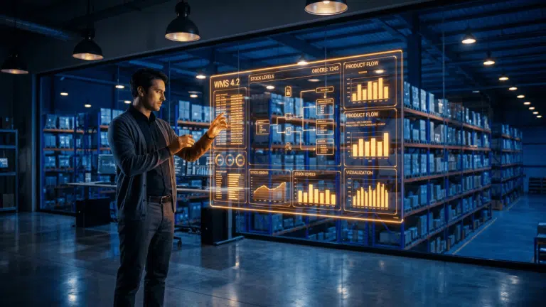 Entrepôt e-commerce moderne avec un cerveau holographique lumineux connecté par des flux de données aux étagères de stock, illustrant l'intégration de l'intelligence artificielle dans un ERP