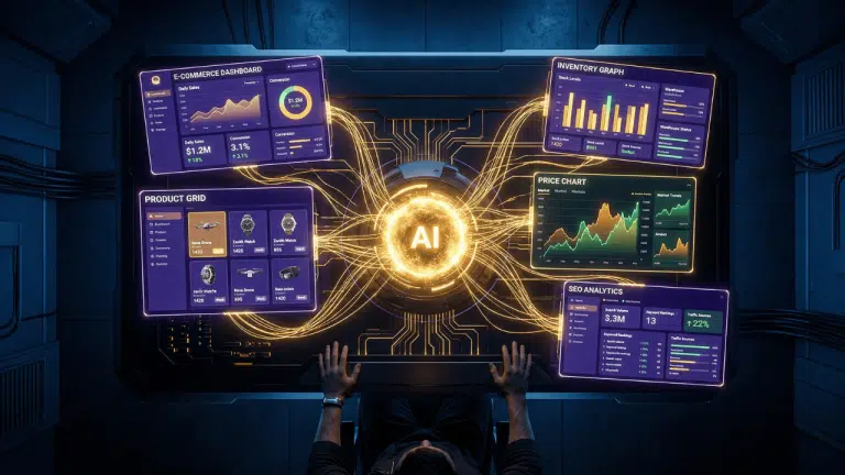 Dashboard holographique d'un agent IA e-commerce orchestrant prix, stock, SEO et fiches produits depuis un centre de commande