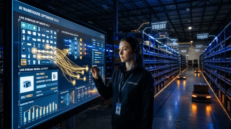 Entrepôt e-commerce la nuit avec visualisation de réseau neuronal sur écran lumineux