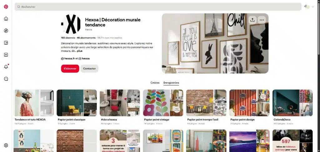 Page profil Pinterest du site hexoa.fr