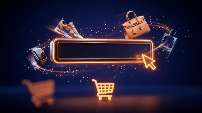 Barre de recherche lumineuse entourée de produits ecommerce en lévitation, illustrant le concept de searchandising