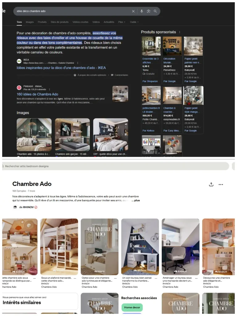En haut : résultat Pinterest sur Google - En bas : le tableau Pinterest correspondant