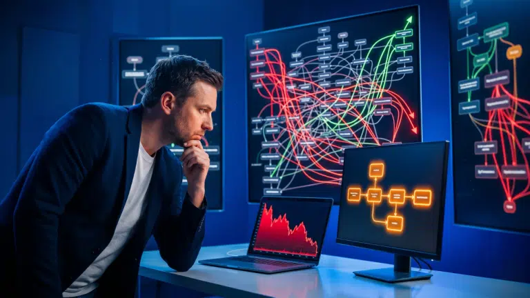 Tableau de bord d'automatisation marketing e-commerce surchargé de scénarios, avec un dirigeant qui observe les courbes en chute, ambiance bureau moderne couleurs jaune et bleu