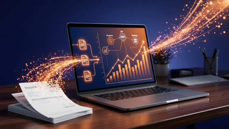 Tableau de bord d'automatisation comptable d'un e-commerce avec écran d'ordinateur affichant un flux de factures et engrenages dorés en mouvement