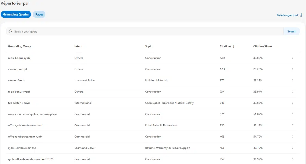 Tableau des requêtes de grounding du rapport AI Performance de Bing pour un e-commerce d'outillage, dominé par une opération de remboursement aux intentions et topics dispersés
