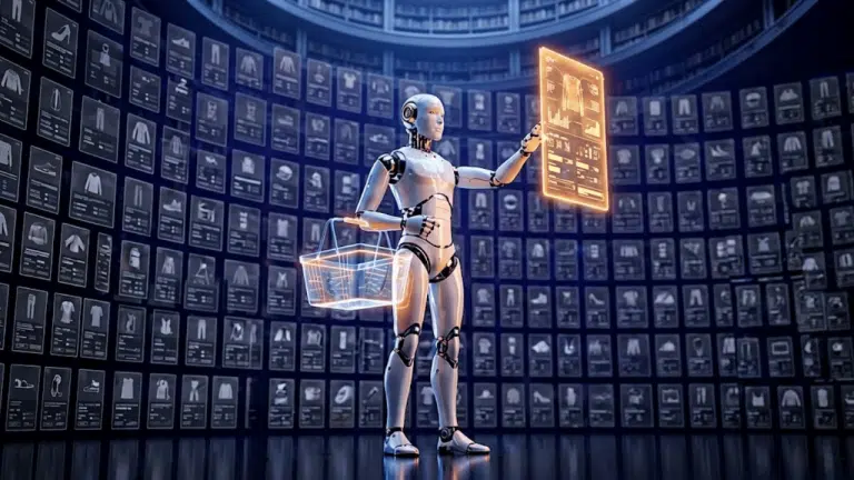Agent IA robotisé sélectionnant une fiche produit lumineuse parmi un mur de catalogues e-commerce, illustrant le commerce agentique