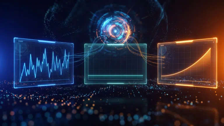Trois tableaux de bord holographiques aux courbes contrastées reliés à un moteur de réponse IA, illustrant trois profils du rapport AI Performance de Bing